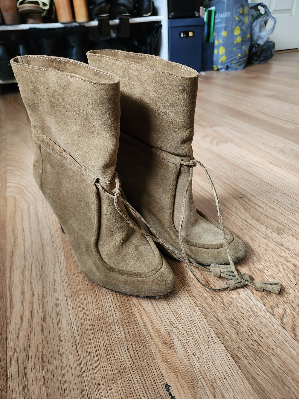 Carolina Herrera Tan Suede Mid-Calf Heeled Boots with Tassel Ties